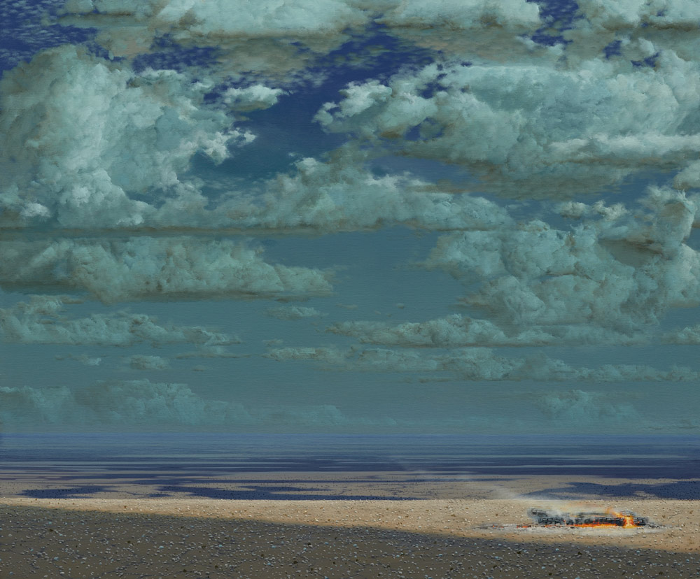 Fine Art | Painting | Tim Storrier | New Painting Series | Artwork: Northern Landscape, acrylic on canvas, 100 x 120cm | Distance, Horizon, Australian Landscape, Burning Logs, Embers, Fire, Sky, Clouds